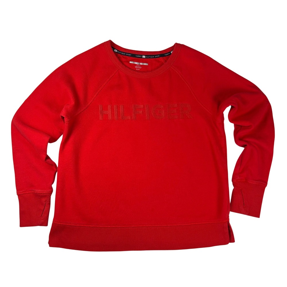Tommy Hilfiger‎ Sport Womens Red Embroidered Logo Sweatshirt Thumbholes S